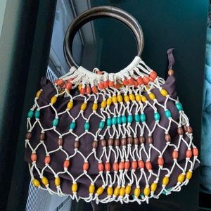 BOHO CHIC MULTICOLOR BEADS WOVEN ROPE WOOD HANDLE  SATCHEL BAG